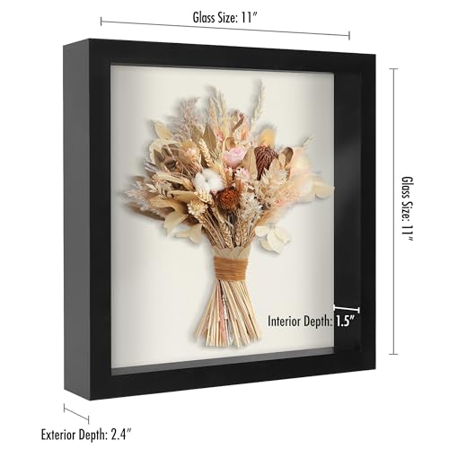 Americanflat 11x11 Shadow Box Frame with Shatter-Resistant Glass - Silhouette Collection - Large Shadow Box Display Case for Tabletop and Wall Display - Black with Soft Felt Back | Shatter-resistant glass, 1.5 inch interior depth, displays keepsakes, meda