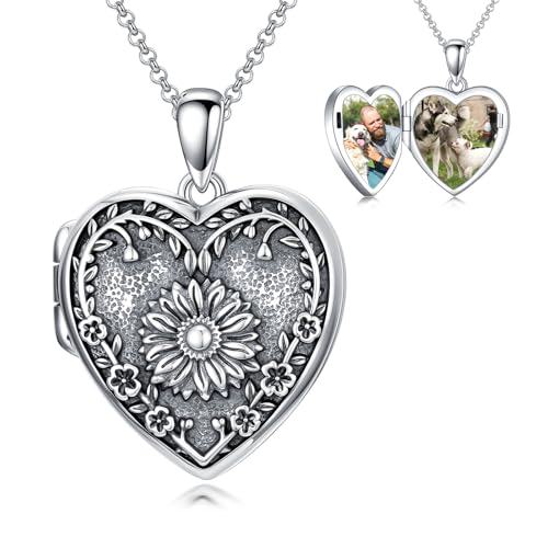 Heart Locket Necklace 925 Sterling Silver Custom Photo Pendant That Holds Pictures Memorial Jewelry Gifts for Women Mom Daughter - color: Sunflower, style: 2-personalized photos