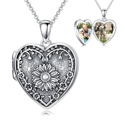 Heart Locket Necklace 925 Sterling Silver Custom Photo Pendant That Holds Pictures Memorial Jewelry Gifts for Women Mom Daughter - color: Sunflower, style: 2-personalized photos