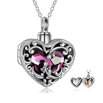 WINNICACA Cremation Jewelry for Ashes Locket Ashes Necklace Urn Necklace for Women Sterling Silver Cremation Necklace for Ashes Fine Keepsake Picture Necklace Memorial Jewelry - style: A01-Rose Urn Locket Necklace(Purple Crystal)