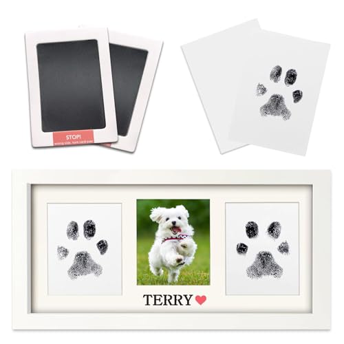 Paw Print Frame Kit for Dog Cat & Baby, Extra Large Wooden Memorial Frame, Inkless Pad & Soft Clay Impression Kit with Tool, Black (White) - color: white