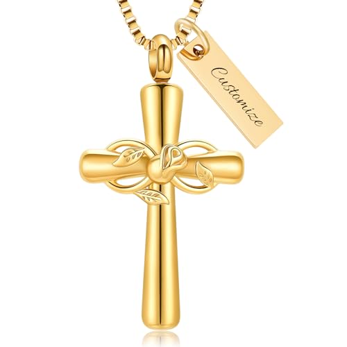 XSMZB Rose Flower Cross Cremation Jewelry for Ashes Human Pet Funeral Urn Pendant Cross Keepsake Ashes Necklace Memorial Gift - color: Customize