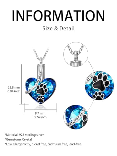 TOUPOP Sterling Silver Urn Necklace for Ashes with Crystal Memorial Keepsake Dragonfly/Butterfly/Cardinal/Cat/Dolphin Cremeation Jewelry Birthday Mothers Day Christmas Gifts for Her Women - style: Paw Print