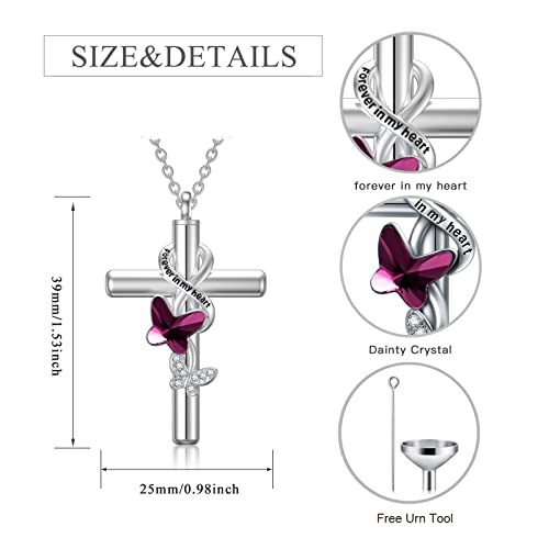 Cross Urn Necklace for Ashes 925 Sterling Silver Cremation Jewelry with Funnel Filler Kit Ashes Necklace for Human Women Girl Pets - color: A_Purple Butterfly Urn Necklace, style: Non-personalized