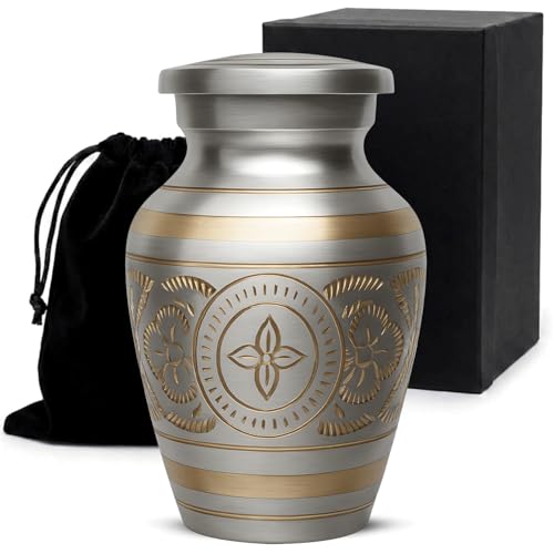 Small Urns for Human Ashes – Brass Hand-Engraved Funeral Keepsake with Elegant Silver Finish – Mini Cremation Memorial for Mom, Dad & Loved Ones - color: Silver