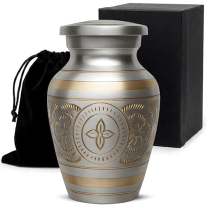 Small Urns for Human Ashes – Brass Hand-Engraved Funeral Keepsake with Elegant Silver Finish – Mini Cremation Memorial for Mom, Dad & Loved Ones - color: Silver