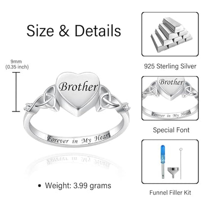 Heart Cremation Ring for Ashes: 925 Sterling Silver Forever in My Heart Carved Urn Keepake Rings Memorial Jewelry for cat and dog - size: 6, style: brother