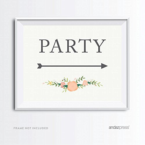 Andaz Press Wedding Party Directional Signs, Floral Roses Print, 8.5x11-inch, Double-Sided, Party with Big Arrow, 1-Pack, Unframed - color: Arrow Big Party