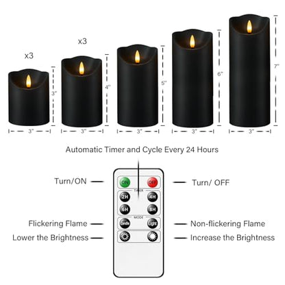 Nimiko Flameless Candles with Remote, Battery Operated Flickering Flameless Candles, LED Candles with Timer 2/4/6/8H, with Realistic LED Candles Set of 9 (D3 x H 3" 4" 5" 6" 7") (Black) - color: Black