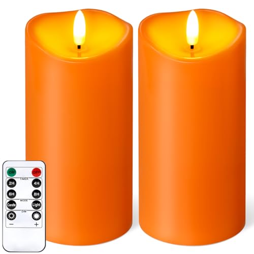 Outdoor Flameless Candles with Remote Timer - Waterproof Realistic Flickering LED Pillar Electric Battery Operated Fake Candle for Halloween Holiday Home Fireplace Decor - Orange 2 Pack (6"6") - color: Orange, size: D3“xH6"6"
