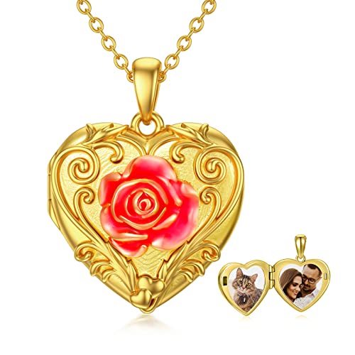 SOULMEET Sunflower/Rose/Daisy Heart Locket Necklace That Holds Pictures Keep Someone Near to You Sterling Silver/Gold Personalized Photo Locket Gift - style: A4-Gold enamel rose locket+photo