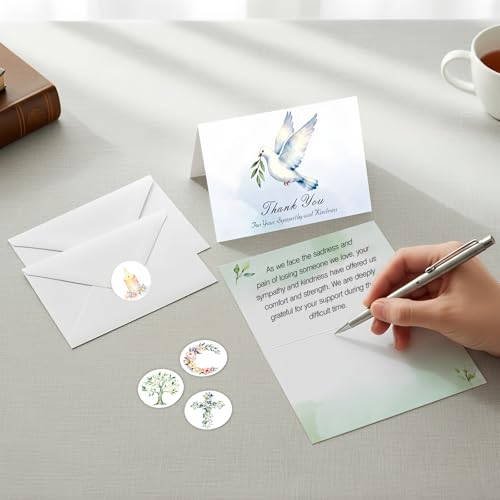 Funeral Thank You Cards with Envelopes & Stickers, 40 Pack 4x6 Inch Folded Bereavement Sympathy Thank You Cards with Message Inside, 5 Watercolor Designs for Memorial Service, Family, Friends & Loved Ones (Watercolor A)