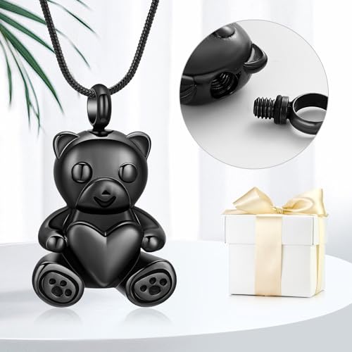 Cremation Jewelry - Teddy Bear Urn Necklace for Men Women with Mini Keepsake Urn Memorial Ash Jewelry - color: Black