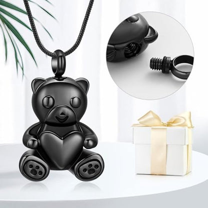 Cremation Jewelry - Teddy Bear Urn Necklace for Men Women with Mini Keepsake Urn Memorial Ash Jewelry - color: Black