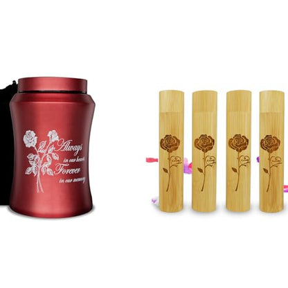 Up to 220 lbs Large Cremation Urns and Set of 4 Small Bamboo Scattering Urns for Adult Male Female Human Ashes, Decorative Urn and Spreading Ashes Urn Tube with Velvet Bag(Rose of Love)