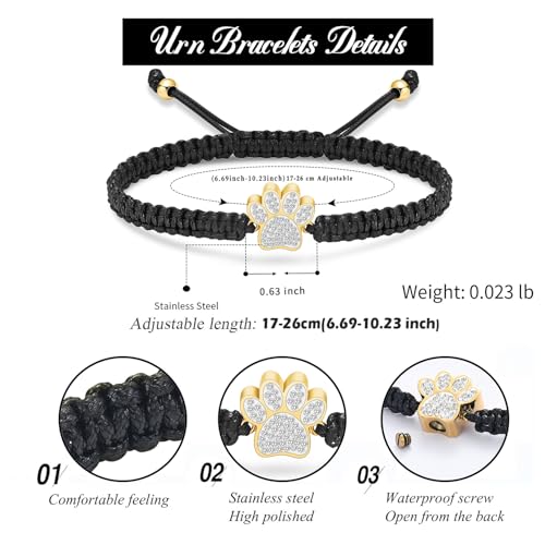Hearbeingt Paw Print Urn Bracelet for Ashes Pet Cremation Jewelry | Stainless Steel,Adjustable Braided Rope,Mini Ash Holder for Dog Cat,Memorial Keepsake Jewelry, Bereavement Gift Pet Loss - color: A-Gold