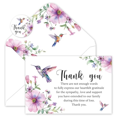 FYSUIMU 50Pcs Funeral Thank You Cards Boxed Purple Floral Hummingbird Sympathy Card with Envelope Sticker Bereavement Cards for Memorial Service Loved Ones Celebration of Life - style: Hummingbird