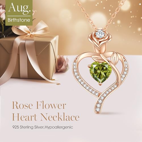 925 Sterling Silver Rose Love Heart Birthstone Necklaces for Women Jewelry | Hypoallergenic Nickel-Free & Lead-Free Pendant,Birthday Anniversary Christmas Gift for Women Wife Mom Girlfriend - color: Rose Gold-08-Aug