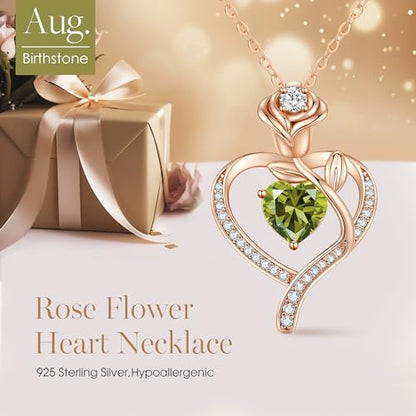 925 Sterling Silver Rose Love Heart Birthstone Necklaces for Women Jewelry | Hypoallergenic Nickel-Free & Lead-Free Pendant,Birthday Anniversary Christmas Gift for Women Wife Mom Girlfriend - color: Rose Gold-08-Aug