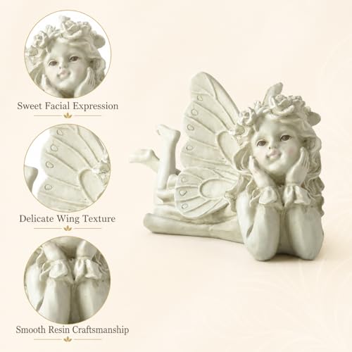 Laying Angel Garden Statue, Resin Fairy Figurine Outdoor Yard Decor | Whimsical Accent For Flower Beds, Patios, Shelves And Garden Lovers - style: Laying Angel Holding Face