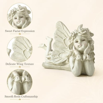 Laying Angel Garden Statue, Resin Fairy Figurine Outdoor Yard Decor | Whimsical Accent For Flower Beds, Patios, Shelves And Garden Lovers - style: Laying Angel Holding Face