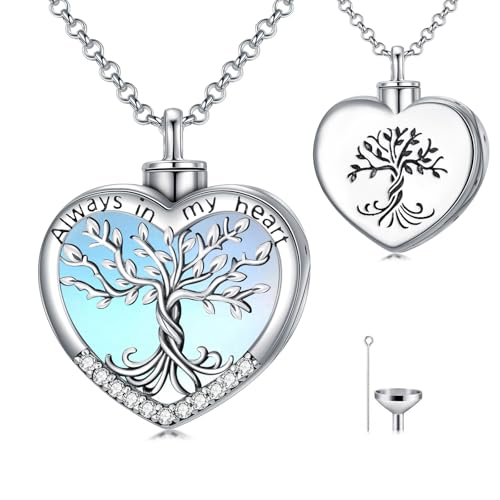 TOUPOP Tree of Life Urn Necklaces for Ashes 925 Sterling Silver Heart Cremation Jewelry Memorial Keepsake Jewelry with Funnel Filler for Women Men - color: A-Heart Tree of Life-Moonstone