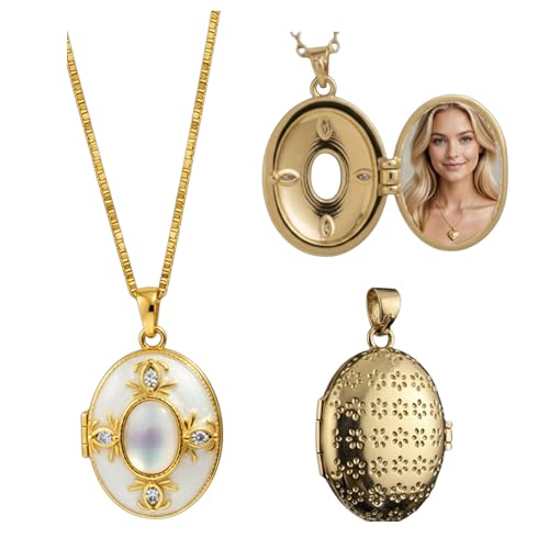 Personalized Printed Photo Locket Necklace for Women and Men, Custom Picture Pendant with Optional Back Engraving, 18K Gold-Plated Heart, Round and Unique Shapes, Memorial Gift - color: Luna