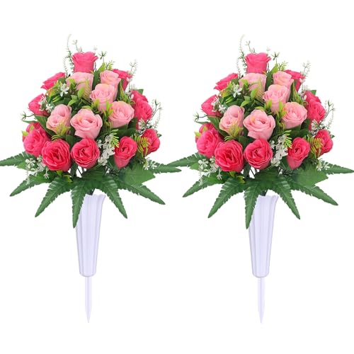 Lodou Set of 2 Artificial Cemetery Flower, Outdoor Grave Decorations Roses,Cemetery Memorial Flowers with Vase for Gravesite Outdoor Headstone Tombstone Decorations (Pink) - color: Pink