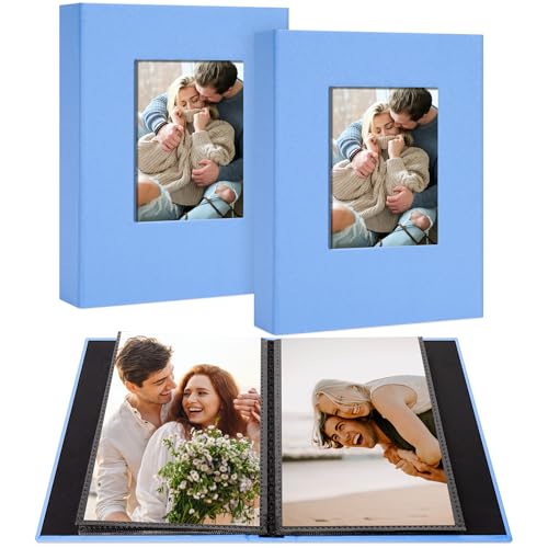 2 Pack Photo Album Holds 48 Pockets with Linen Cover and Customizable Window, Fits 4x6 Photos, Archival Black Pages, Blue - color: Blue, size: 48 Pockets-2 Packs