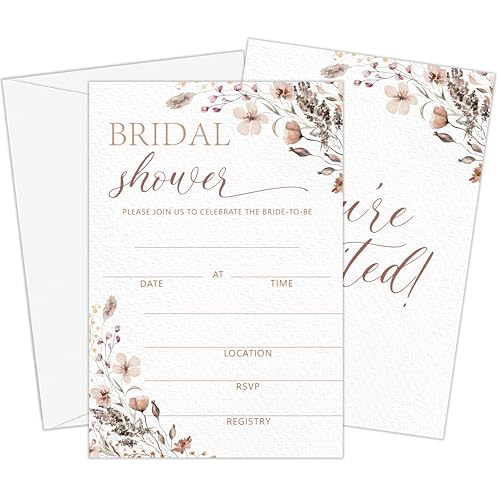 Wildflowers Bridal Shower Invitations | 4x6 Set of 25 Wildflowers Boho Floral Bridal Shower Invitations with Envelopes-A07 - style: wildflower boho