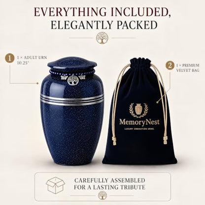 Blue Urn for Human Ashes Adult 220 lbs Metal Cremation Urns Men & Women | Tree of Life & Butterfly Charm, Speckled Navy Blue Color, Solid Metal Build, Threaded Lid, Velvet Bag, For Male & Female - color: Blue