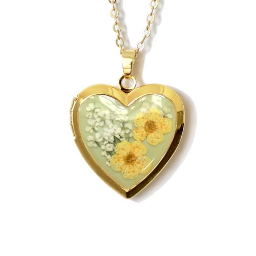 Handmade Heart Shaped Dried Pressed Forget Me Not Flower Photo Locket Pendant Necklace - color: Gold, style: Yellow+LightGreen