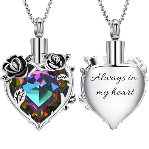 Rose Flower Cremation Urn Necklace for Ashes Heart Crystal Memorial Jewelry for Women Urn Keepsake Pendant Human Pet Memorial Locket Holder - color: A-Silver (Colorful Stone) - Always in my heart