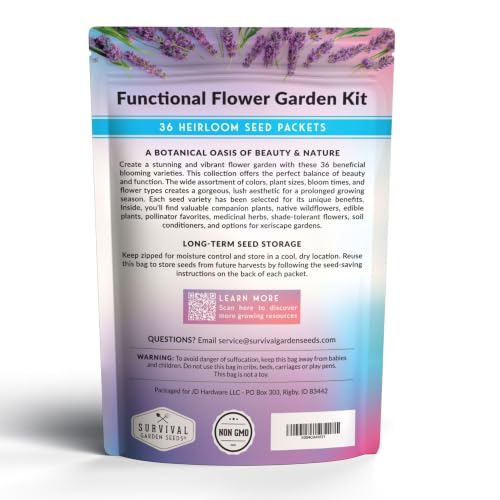 Flower Garden Seeds 36 Variety Kit - Heirloom Starter Pack | 36 Packs of Annual & Perennial Flowers for Planting – Wildflowers for Pollinators, Bees, Butterflies - Survival Garden Seeds