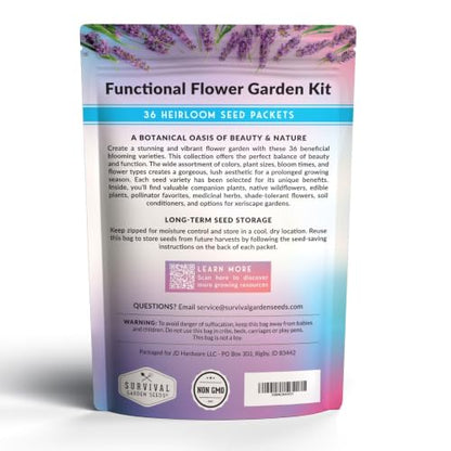 Flower Garden Seeds 36 Variety Kit - Heirloom Starter Pack | 36 Packs of Annual & Perennial Flowers for Planting – Wildflowers for Pollinators, Bees, Butterflies - Survival Garden Seeds
