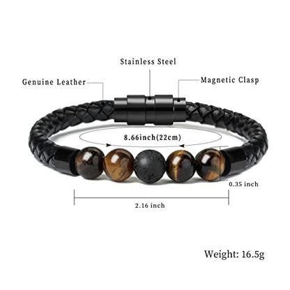 shajwo Cremation Jewelry Lava Stone Urn Bracelet for Ashes for Women Men Chakra Healing Balancing Genuine Leather Memorial Bracelets - color: Black (4 Tiger Eye + 1 Lava Stone)