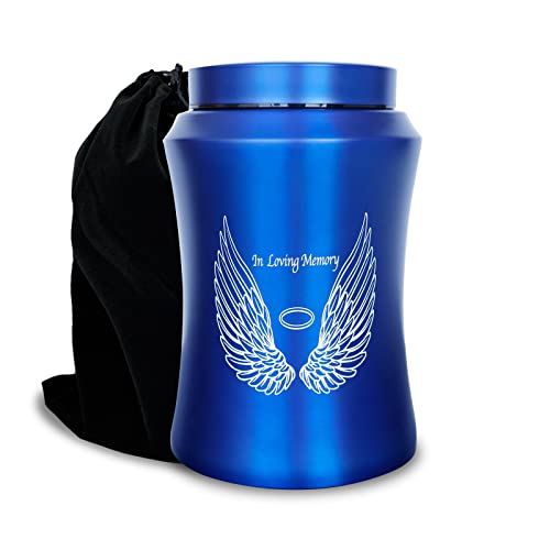 CHIEMOT Large Blue Cremation Urns for Human Ashes, for Adult Female & Male | Full Size 220 lbs Capacity, Stainless Steel Material, Sealing Well & Waterproof, Funeral & Ash Keepsake, Angel Wings Design - color: Blue-wings, size: Large 220 lbs