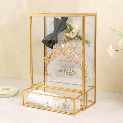 Shadow Box Frame, 3.5" Deep Wedding Shadow Boxes Display Case with Drawer, Glass Gold Shadow Memory Box for Picture, Wedding Bouquet, Pet Memorial and Keepsakes