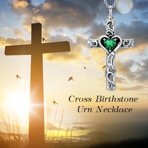 TOUPOP Cross Urn Necklaces for Ashes Birthstone Cremation Jewelry 925 Sterling Silver Cross Memorial Keepsake Jewelry for Women (with Funnel Filler) - color: 05-May-Emerald