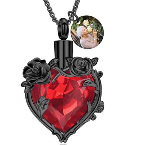 Rose Flower Cremation Urn Necklace for Ashes Heart Crystal Memorial Jewelry for Women Urn Keepsake Pendant Human Pet Memorial Locket Holder - color: A-Customize-Picture