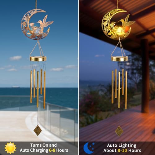 Hummningbird Solar Outdoor Wind Chimes - Unique Moon Hummingbird Design, for Mothers, Grandmothers, Sisters, Friends and Girls on Birthdays, Christmas, Thanksgiving and Mother's Day - color: Moon Hummingbird