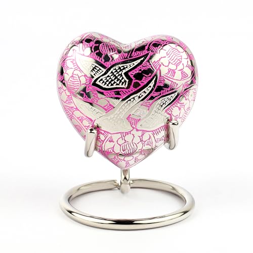 Heart Shaped Brass Small Urn for Human Ashes Keepsake with Engraved Birds – Mini Cremation Urn with Velvet Box & Brass Stand – Memorial Keepsake for Ashes of Adult Male, Female and Infant (Pink) - color: Pink
