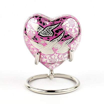 Heart Shaped Brass Small Urn for Human Ashes Keepsake with Engraved Birds – Mini Cremation Urn with Velvet Box & Brass Stand – Memorial Keepsake for Ashes of Adult Male, Female and Infant (Pink) - color: Pink