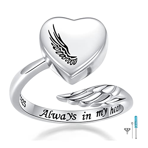 Sterling Silver Urn Rings for Ashes for Women: Angel Wing Opal Cremation Jewelry Rings for Ashes of Loved Ones - Cat Dog Memorial Keepsake Open Adjustable Ring Jewelry for Women - style: Angel Wings Urn Rings