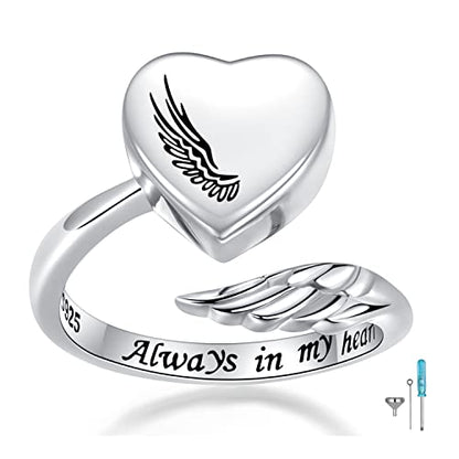 Sterling Silver Urn Rings for Ashes for Women: Angel Wing Opal Cremation Jewelry Rings for Ashes of Loved Ones - Cat Dog Memorial Keepsake Open Adjustable Ring Jewelry for Women - style: Angel Wings Urn Rings
