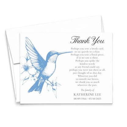 Modern Pink Paper Hummingbird Funeral Thank You Cards With Envelopes, FLAT Bereavement Sympathy Cards With Hummingbirds, Celebration of Life Thank You Notes, Your Choice of Quantity & Envelope Color - color: Hummingbird