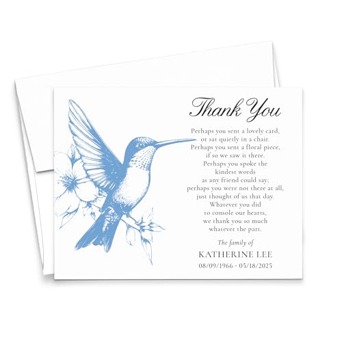 Modern Pink Paper Hummingbird Funeral Thank You Cards With Envelopes, FLAT Bereavement Sympathy Cards With Hummingbirds, Celebration of Life Thank You Notes, Your Choice of Quantity & Envelope Color - color: Hummingbird