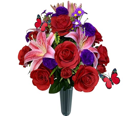 Artificial Cemetery Flowers with Vase, Artificial Rose Lily Carnation Bouquet, Graveyard Memorial Flowers for Cemetery Headstones Decoration