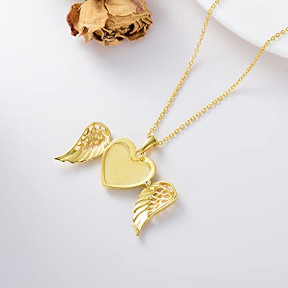 SOULMEET Angel Wing Heart Locket Necklace that Holds Picture Photo Locket Pendant You are My Angel Sterling Silver/Gold - style: B1-Gold plated angel wing locket only