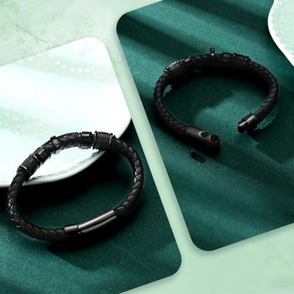 Urn Bracelet for Ashes With Leather Cremation Knot Cross Bracelet Stainless Steel Keepsake Cuff Bangle for Men Gifts With Funnel Kit & Bag - color: Black-24cm
